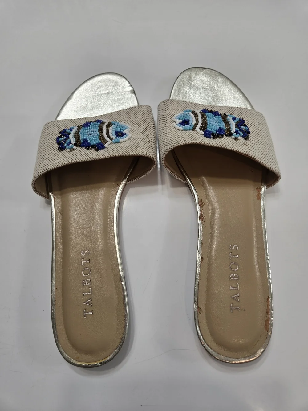 TALBOT'S Turquoise Cobalt Blue BLING Fish Sandals Slides Shoes Sz 7.5